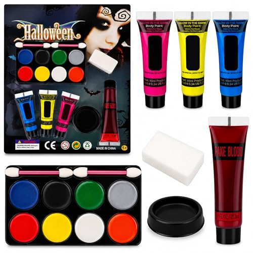 Trucco di Halloween, Sangue finto, vernice per il corpo viso, a Base Di Olio, 3 Colori Lavabile UV Fluorescente Colorato Neon Kit, Per Halloween, Feste, Cosplay, Clown, Effetti Speciali Sfx Makeup