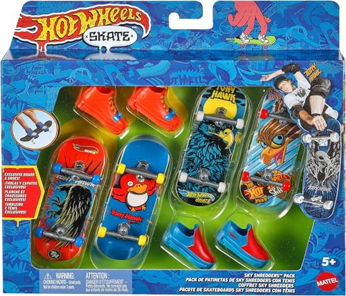Hot Wheels Skate Tony Hawk Fingerboards & Removable Skate Shoe Multipack, 4 Pre-Assembled Boards, 2 Pairs of Skates - Limited Set (Styles May Vary)