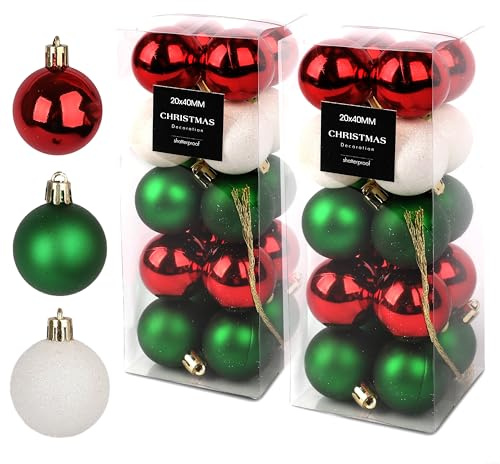 Weihnachtsbaumkugel Set 2er Pack - 40 x 4 cm Kugeln in Rot Glänzend, Weiß Glitzernd & Grün Matt - Perfekte Dekoration für Festliche Weihnachtsbäume, Adventskränze und Tischarrangements