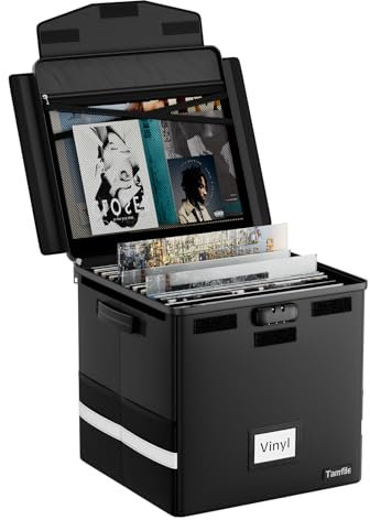 Tamfile Vinyl Record Storage Box, Fireproof Vinyl Record Storage Case with Lock & Waterproof Zipper, Collapsible Portable LP Organiser Holds up to 100+ 12 Records for Collecting Valuable Album, Black