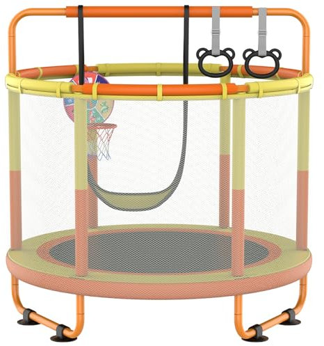 CZCPAPY Trampoline d'extérieur pour enfants, intérieur et extérieur, avec filet de sécurité, panier, barres, balançoires, cadeau pour enfants (jaune-orange)