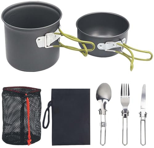 Behogan Camping Kochgeschirr Set, Faltbare Camping Topf Outdoor mit Faltbarer Messer Gabel, Camping Töpfe, Camping Geschirr, Camping Geschirr aus Aluminium mit Klappgriffen für 1-2 Personen Geeignet