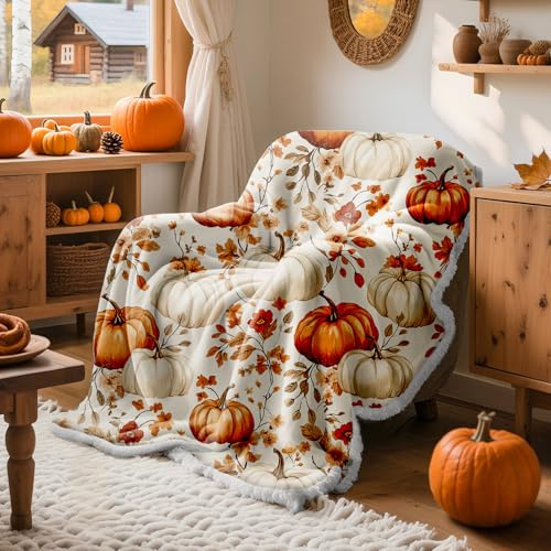 Lanpn Manta Otoño de Cama Cálida, Calabaza Frazada Franela Sofá, Suave Mantas Dormir Decorativa, Sherpa Colcha Hoja de Otoñal Dormir Cómoda para Inicio Viajes, Gruesa, Naranja, 130x150 cm