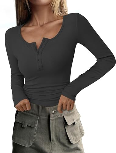 DUOEASE Magliette Donna Manica Lunga Girocollo con Bottoni Maglia Elegante Donna Basic t Shirt a Coste Grigio Scuro L