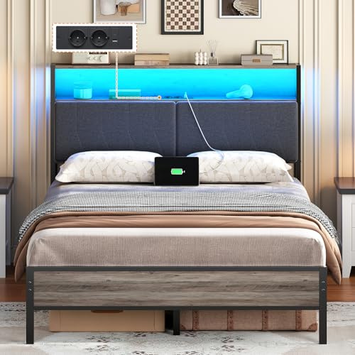 HOOBRO Cama 140 x 200 cm con Cabecero Tapizado, Base de Carga y Tira LED Regulable, Estructura de Cama Metálica Matrimonio con Espacio de Almacenaje, para Dormitorio, Gris y Negro EBG68CDBF01
