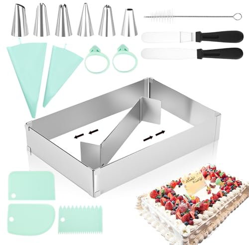 AiQInu Set Stampo per Torte Regolabile - Cornice Rettangolare/Quadrata Regolabile con Anello per Dolci, Teglia da Forno, Divisiore & Accessori per Torte & Dessert (18,5x27,5-34x52,5 cm)