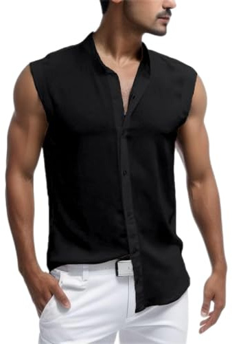 Camisa Lino Hombre Verano, Camisa Hombre Manga Corta, s Casual Slim Fit Verano Sin Mangas Camisas De Color SóLido BáSico Ligero Camisas Camisas-Hombre Camisa-Hombre-Casual Camisa-Vaquera-Hombre