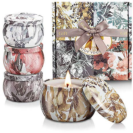 Juego de Velas Perfumadas de Regalo, 4 Piezas Mujer Regalos de Velas Aromaticas, 4.4 oz Cera de Soja Natural Velas Aromaticas, Decoración para Baño Yoga Cumpleaños Día de la Madre