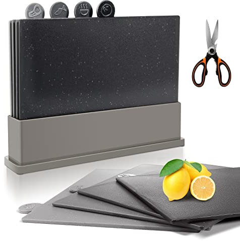 Planche a Decouper, Myiosus 4 Pièces Planches à Découper Plastique Professionnelle avec support, Planche Cuisine Anti-dérapant pour Viande, Poisson, Légumes, Fruits, Pain