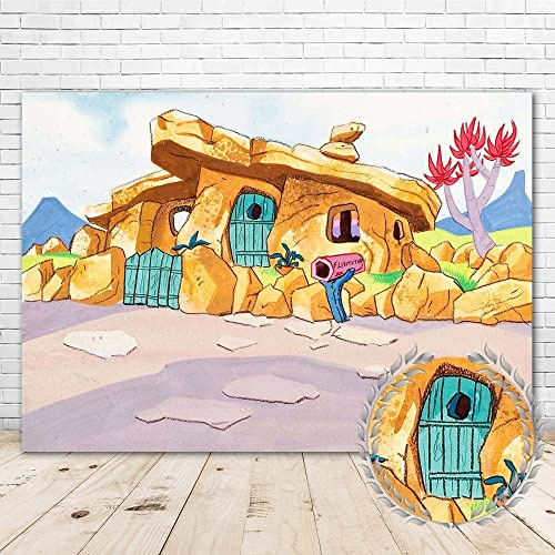 Pebbles and Bam bam Party Decorations7x5 Vinyl Stone House Photography Backdrop for Kids Birthday Party Decorations Baby Shower Supplies Picture Photoshoot Video Shoot Drapes