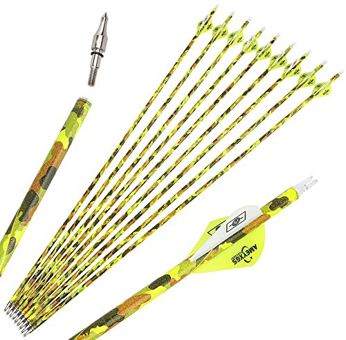 SHARROW Bogenschießen Carbonpfeile 30 Zoll Carbon Pfeile Jagdpfeile Spine 500 Camo Pfeilschäfte aus Carbon Bogenpfeile für Compound Recurve Bogen (12 Stück, Gelb)