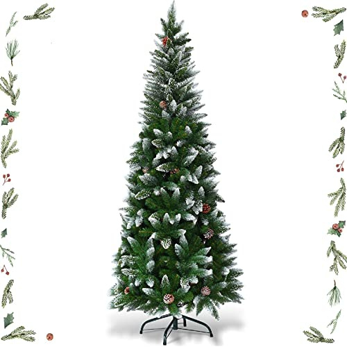 GYMAX Albero di Natale Slim 180 cm, Albero Artificiale, Stretto e Alto, Rami Folti in PVC Ignifugo, Supporto in Ferro, Divisibile in 3 Parti, Facile Montaggio e Trasporto, Albero Natale Realistico