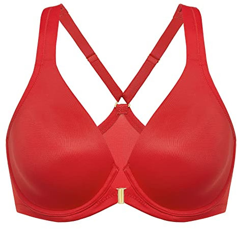 Delimira Women's Front Fastening Bras Seamless Unlined Racer Back Plus Size Underwired Plunge Bra Lipstick Red 38E