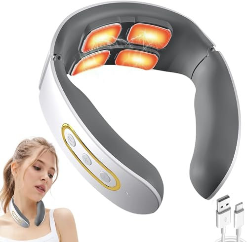 Nackenmassagegerät, Wiederaufladbarer Nackenmassagegerät, TENS Elektrisches Puls Nackenmassagegerät 4 Köpfe 6 Modi 9 Gänge Wärmekompression Nacken Akupunkturpunkte Lymphvity Massagegerät(weiß)