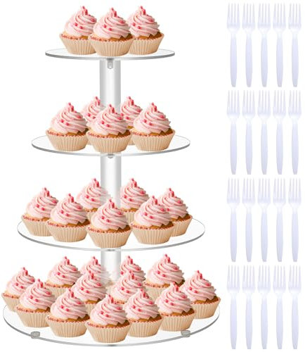 Cupcake Ständer, Tortenständer 4 Etagen Acryl, Tortenplatte mit 20 Cake Forks, Kuchenstützen mit Platten Dessertturm Gebäckstände für Hochzeitstorte, Geburtstag Weihnachten(10,23/8,7/7,28/4,13 Zoll)