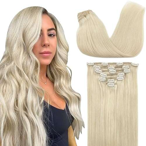 GOO GOO Clip in Human Hair Extensions, 20inch 120g 7pcs, Hair Extensions Clip in, 60A Platinum Blonde
