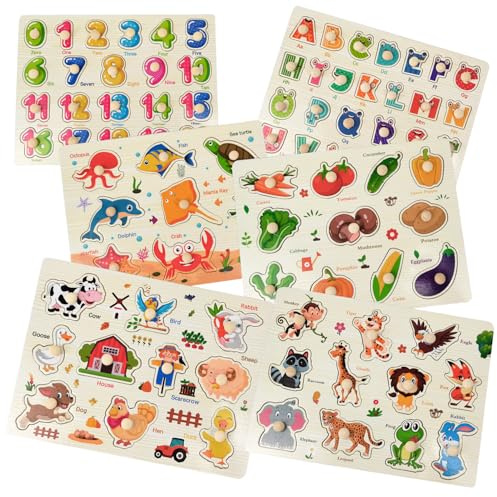 6 Pack Wooden Learning Puzzles with Handle for Kids, Numbers, Alphabet, Farm, Ocean, Animal, Vegetable Puzzles for Kids, Educational Montessori Learning Aid for Children