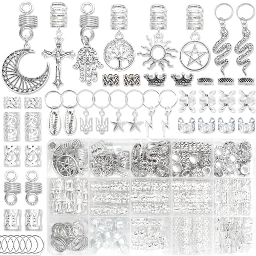 NAISKA Vikings Hair Jewelry for Braids, 186Pcs Norse Runes Tube Beads Cross Snake Loc Dreadlock Accessories, Non-Piercing Ear Cuffs Locs Jewelry for Women and Men