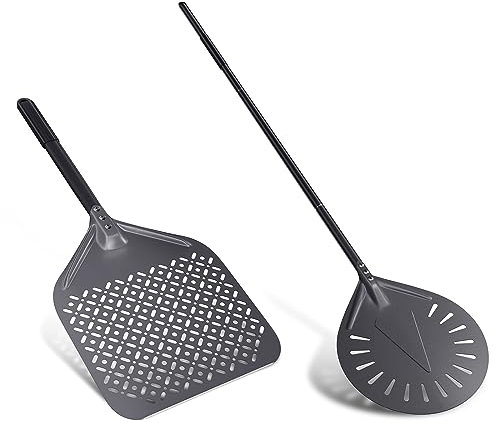 NUTUNI 12 Zoll & 9 Zoll Pizzaschaufel, 2er Set 12x14 Professionelle Aluminium-Pizza-Schaufel für hausgemachte Pizza - 30 cm Rechteckige, 23 cm Runde Wendbare