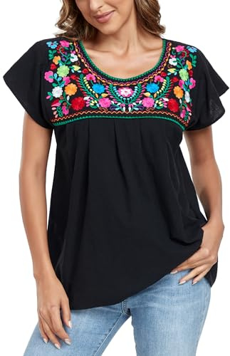 YZXDORWJ Embroidered Mexican Top for Women Peasant Blouse Mexico Summer Shirt Short Sleeve (M, 910BK)