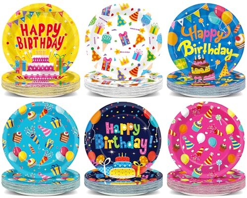 60Pcs Happy Birthday Plates Party Supplies 7” Colorful Birthday Plates Colorful Happy Birthday Tableware Party Decorations for Kids Boys Girls Birthday Cake Dinnerware Party Favors for 60 Guest