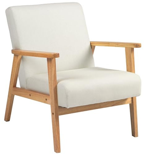 HOMCOM Accent Armchair, Living Room Chair, Wooden Upholstered Single Lounge Chair with Rubber Wood Legs and Padded Seat, Leisure Sofa Chair for Bedroom Office, Cream White