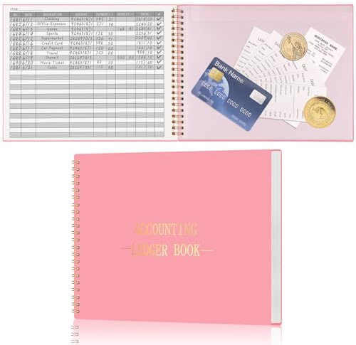 HAUTOCO Accounting Ledger Book for Small Business Bookkeeping Home Budget Tracking with 2 Storage Pouch, Accounting Log Journal Personal Money Ledger Expense Tracking Notebook 10.1 x 7.8'', Pink