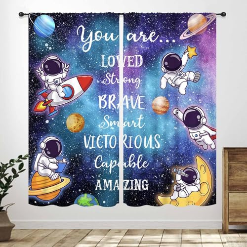 Lnepty Kids Outer Space Curtain for Bedroom,Astronaut Quotes Cartoon Galaxy Planets Adventure Cosmonaut Outer Space Teen Child Boy Room Window Treatments Drapes 2 Panels,42X45 Inch
