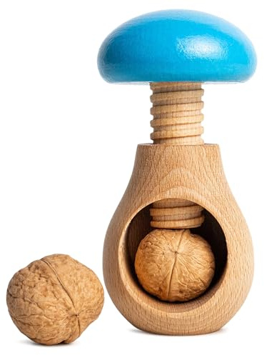 Creative Home Nötknäppare i trä | Blå | 10 x 6 cm | naturligt bokträ | svampformad | med skruvmekanism | skruvgänga | solid och praktisk nötknäppare svamp