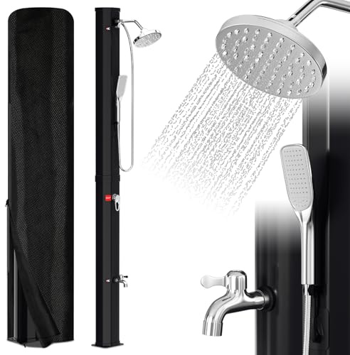 Vkechh Doccia solare da 35 l, soffione regolabile a pioggia, rubinetto, doccetta a mano, max. 60 °C, senza collegamento di alimentazione, con vite di scarico, colore nero