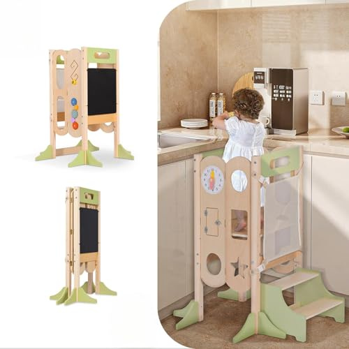 XYMERO 6 in 1 Toddler Tower with Removable Ladder, Foldable Wooden Kitchen Step Stool for Kids, Adjustable Children Helper Tower for Baby, Standing Tower with Safety Equipment and Black Board