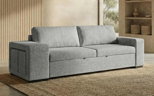 BUDWING Avery Sofá Cama 3 Plazas + 2 Pufs – Sistema de Cama Integrado, Cojines Sueltos – Tejido 100% Poliéster – Estilo Moderno – 248x117x90 cm – Gris
