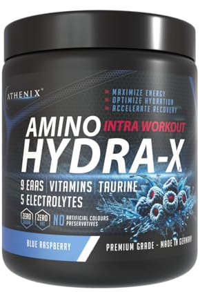 Athenix® Amino Hydra-X Intra-Workout | Blue Raspberry | 9 EAAs + 5 Electrolytes + Vitamins & Taurine | Vegan BCAA + Hydration Powder | 26 Servings | Zero Sugar & Fat | 365g