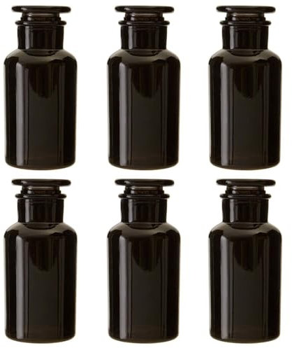UNIQUE HOME LIVING Apothecary Jar Set of 6 Reagent Bottles, 250ml Black Glass Storage Jars with Lid, Reusable Vintage Refillable Container for Essential Oils, Bath Salts, Lotion, Perfume