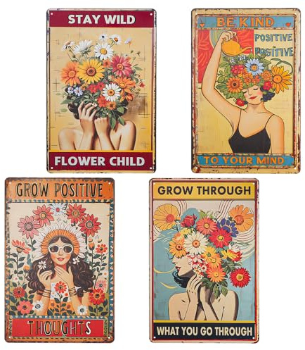 Mulaibdin 4 Pcs Vintage Metal Signs, Metal Garden Signs for Outside, Girl Flower Tin Sign & Plaques, Inspirational Retro Sign for Home,Kitchen,Office,Cafes,Bar,Room decor, Garden Wall Decorations