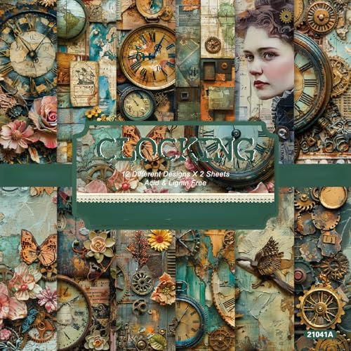 DiiWmme 24 Sheets Floral Scrapbook Paper，6x6 Inch Vintage Patterned Craft Paper for Scrapbooking, Decoupage, Card Making, DIY Journaling and Photo Albums (Clocks)