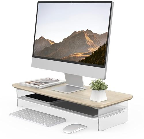 Fenge Soporte Monitor Escritorio Acrílico, Elevador Monitor con Gran Capacidad de Almacenamiento, Madera y Metal, Monitor Stand para Ordenadores de Sobremesa, Portátiles, TV (Roble, 60cm)