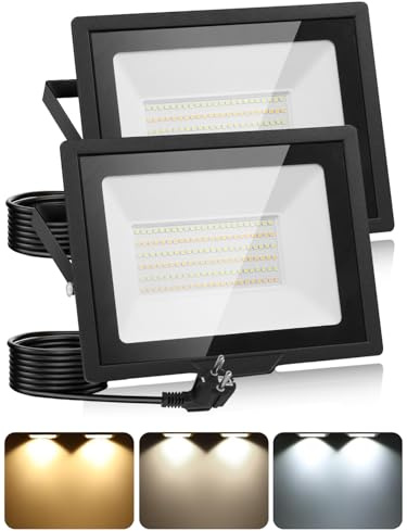 100W 2 Stück LED Strahler Außen mit Stecker & 1.5M Kabel,3000K/4500K/6500K LED Scheinwerfer mit Speicherfunktion,10000LM Superhell Fluter,IP66 Wasserdicht Aussenstrahler für Garten Garage Sportplatz