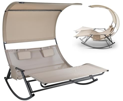 Aopunly Tumbona doble para exteriores, columpio para 2 personas hasta 250 kg, tumbona con toldo y bolsa, tejido transpirable, color beige para jardín, balcón y terraza