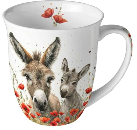 Ambiente porslinskopp, benporslin mugg med åsnemotiv och vallmoblommor, 400 ml, 10 cm diameter Lilly & Lou