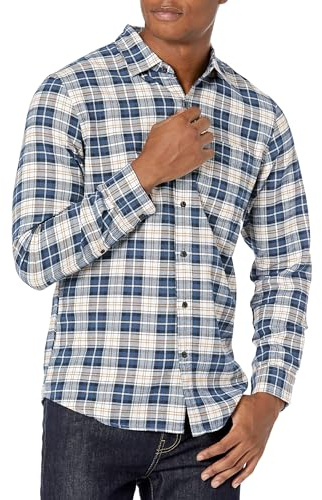 Amazon Essentials Men's Slim-Fit Flannel Shirt, Long Sleeve Button Down Plaid, Blue Brown Plaid, X-Large