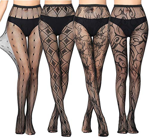 ANDIBEIQI 4 Pack Calze per reggicalze Sexy Donna Maglia Calze a rete Bodystocking Netto Reggicalze Calze Collants Nero