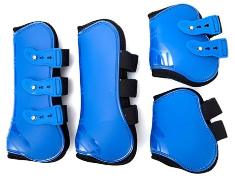 Merauno® Lot de 4 guêtres de protection Fetlock pour chevaux - Protection contre les sauts de chevaux avant et arrière - Robuste - Élastique - En néoprène - Fermeture à boutons S (poney), bleu)