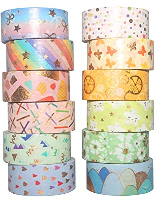 Fyfjur Set di 12 rotoli di nastro adesivo Washi Tape, Decorativo Coprente Nastro Carta Adesivo, Pastello nastro decorativo per fai da te, per lavori di artigianato, diari, Biglietti, Schizzi