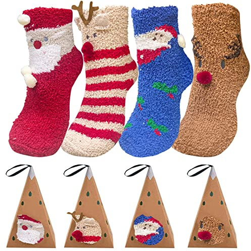 Kuaikely 4 par julstrumpor med presentförpackning, julstrumpor, julmotiv, varma festliga bomullsstrumpor, julstrumpor, julstrumpor, djurmönster, tecknad, Kluleur