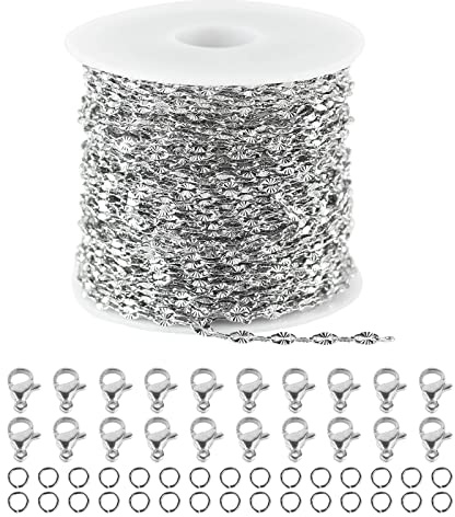 UMAOKANG 32.8 Feet Silver Jewelry Chain Link Stainless Steel Chain Roll Spool Necklace Chain Bulk with Lobster Clasp and Jump Rings for Jewelry Making DIY Bracelet Anklet