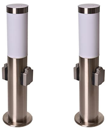 Novatool 2x Gartenlampen I 45 cm I mit 2 Steckdosen I Edelstahl I IP44 I E27 Sockel I Gartenleuchten Stehlampen Säulenlampen außen Stromverteiler Mehrfachsteckdose Steckdosensäule Outddoor