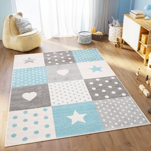 TAPISO Lazur Teppich Kinderteppich Kurzflor Sterne Punkte Herz Patchwork Grau Creme Blau Jugendzimmer Kinderzimmer Modern Design ÖKOTEX 80 x 150 cm