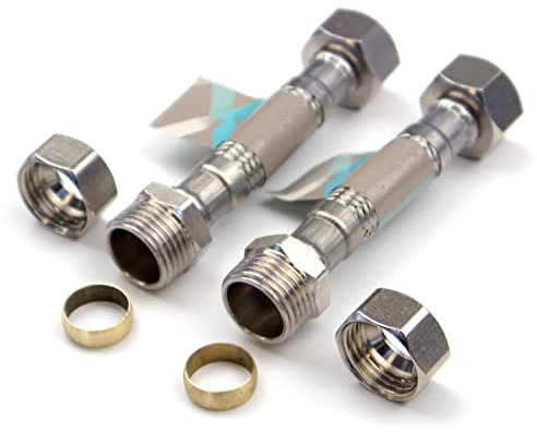 Xcel Home™ 2 x 1/2 BSP x 15mm Compression (100mm Long) Flexible Tap Connector Pipes | Monobloc Tap Connectors Kitchen Sink/Bathroom Basin Flexi Pipe Tails