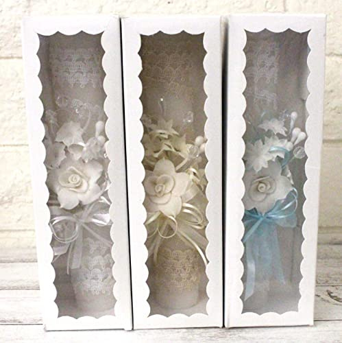 Baptism Candle with Flowers Crystals Cross Lace Ribbon, White